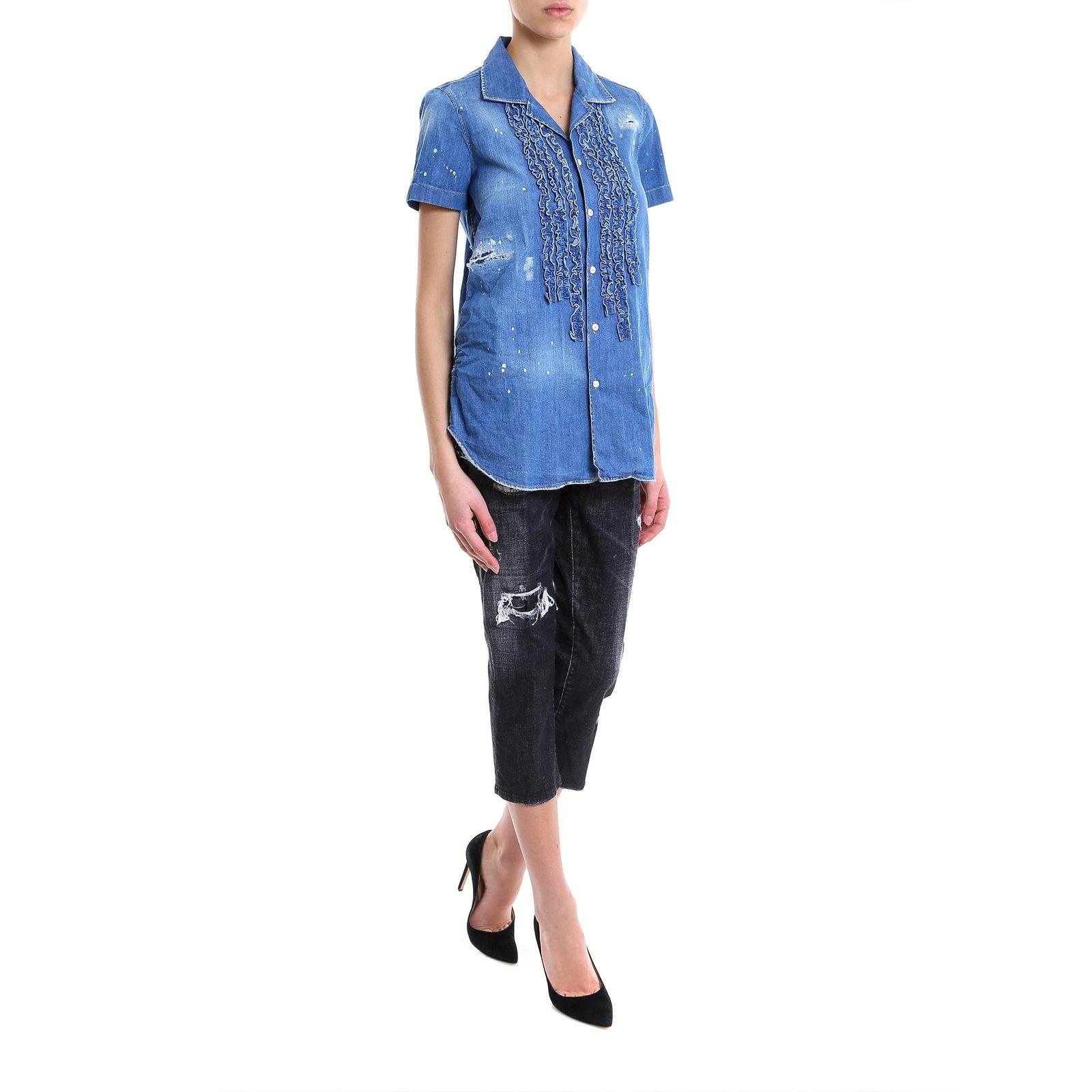 Dsquared2 Ruffled Short Sleeve Denim Shirt