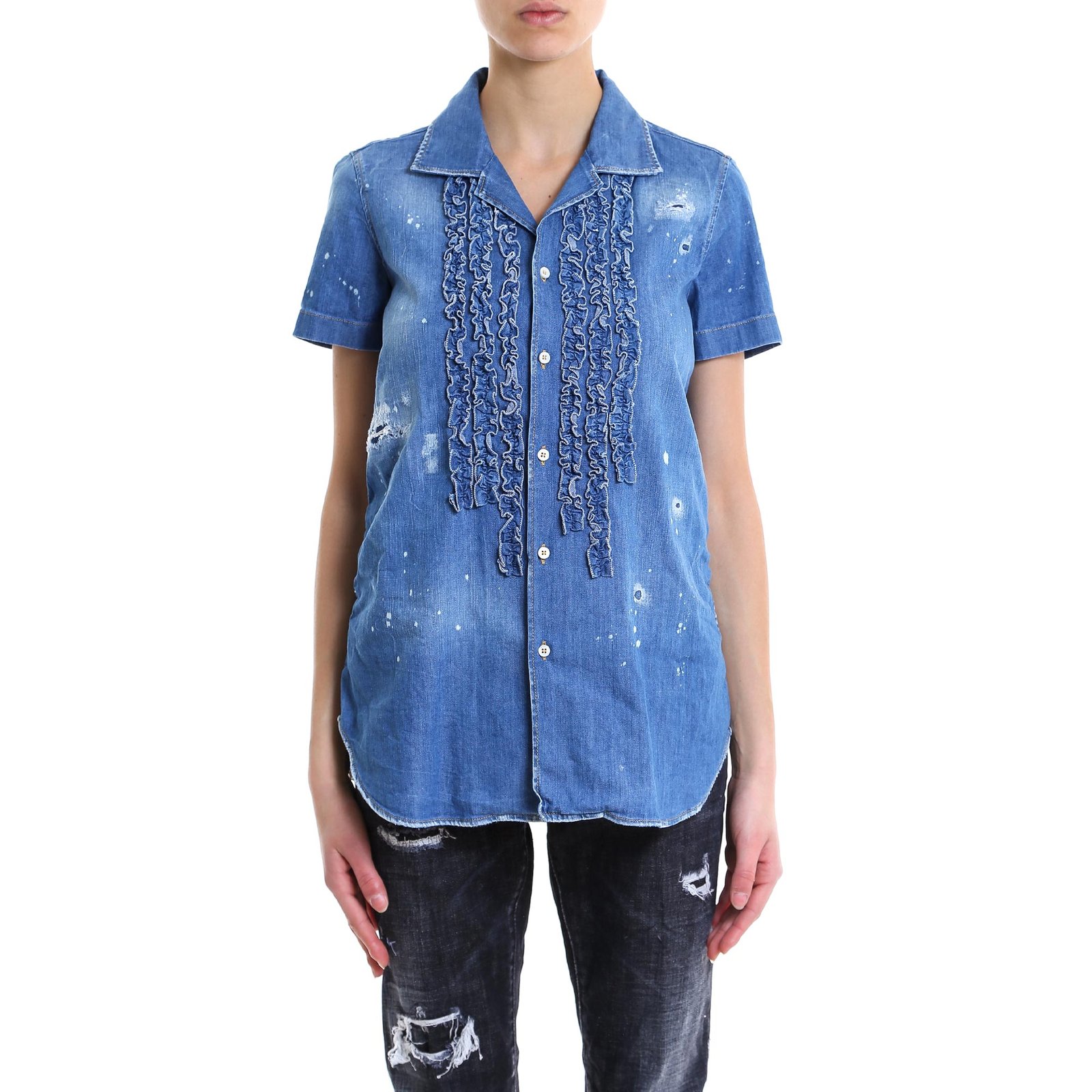 Dsquared2 Ruffled Short Sleeve Denim Shirt