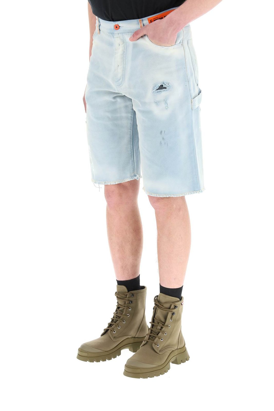 Heron Preston Logo Patch Distressed Denim Shorts