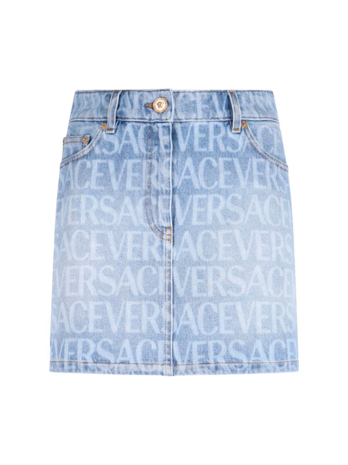 Versace Allover Logo Printed Denim Mini Skirt