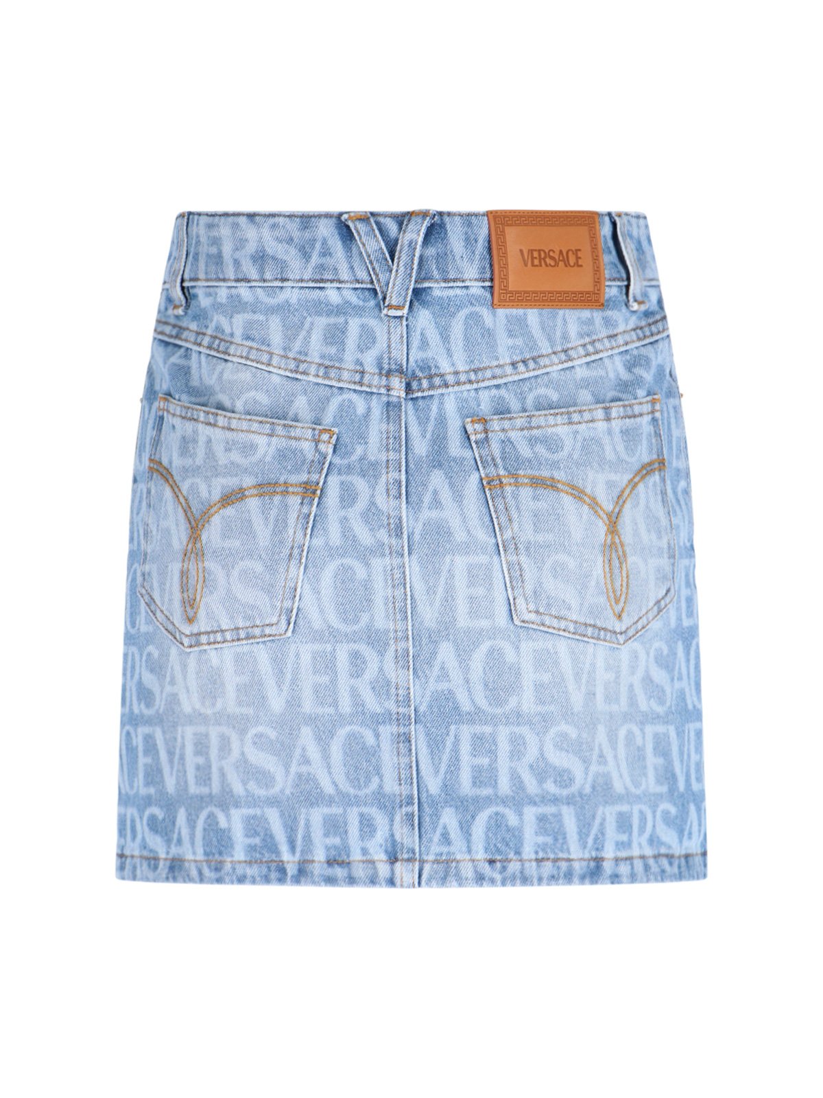 Versace Allover Logo Printed Denim Mini Skirt