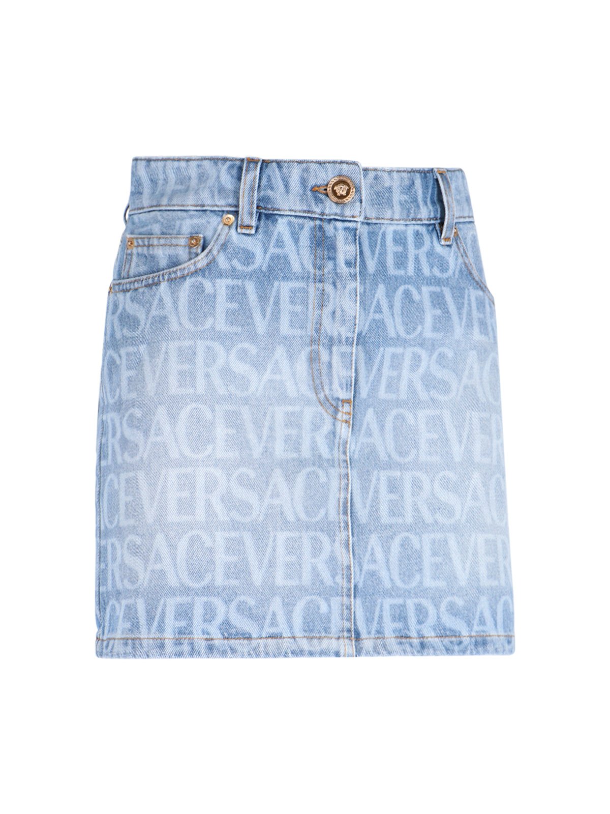 Versace Allover Logo Printed Denim Mini Skirt