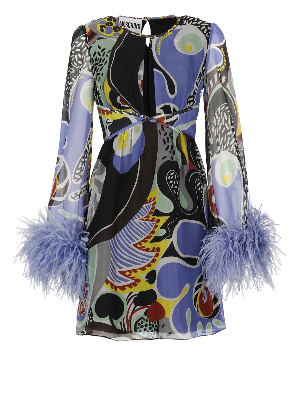 Moschino Feather-Trim Psychedelic Printed Cut-Out Dress