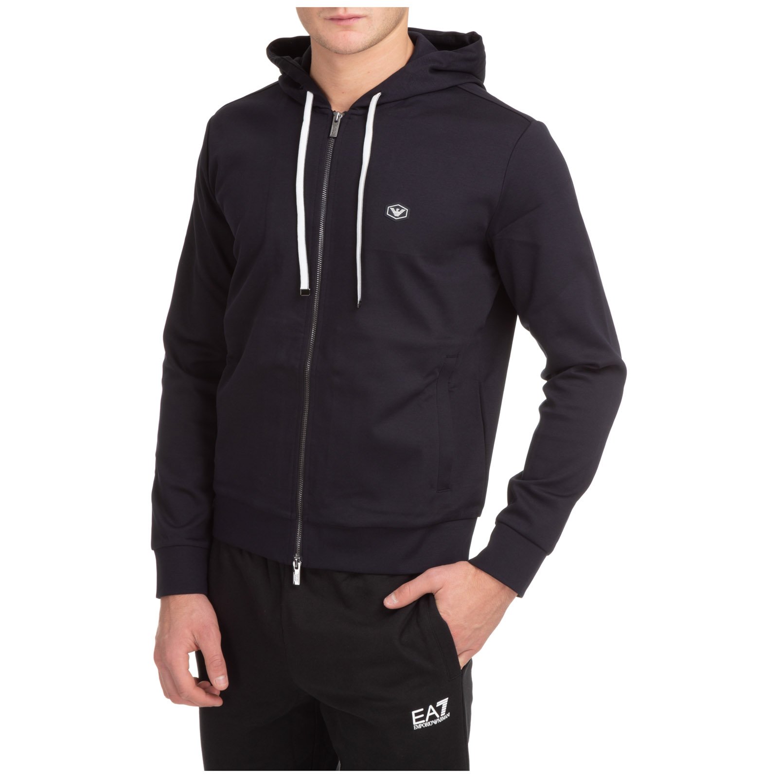 Emporio Armani Logo Patch Zipped Drawstring Hoodie