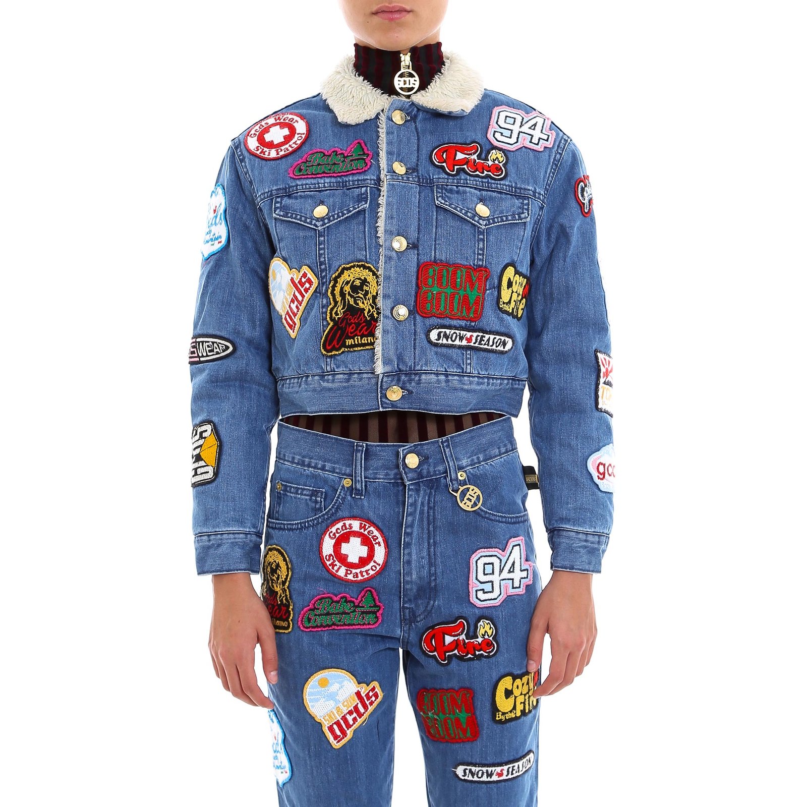 GCDS Patch Embellished Shearling Denim Jacket