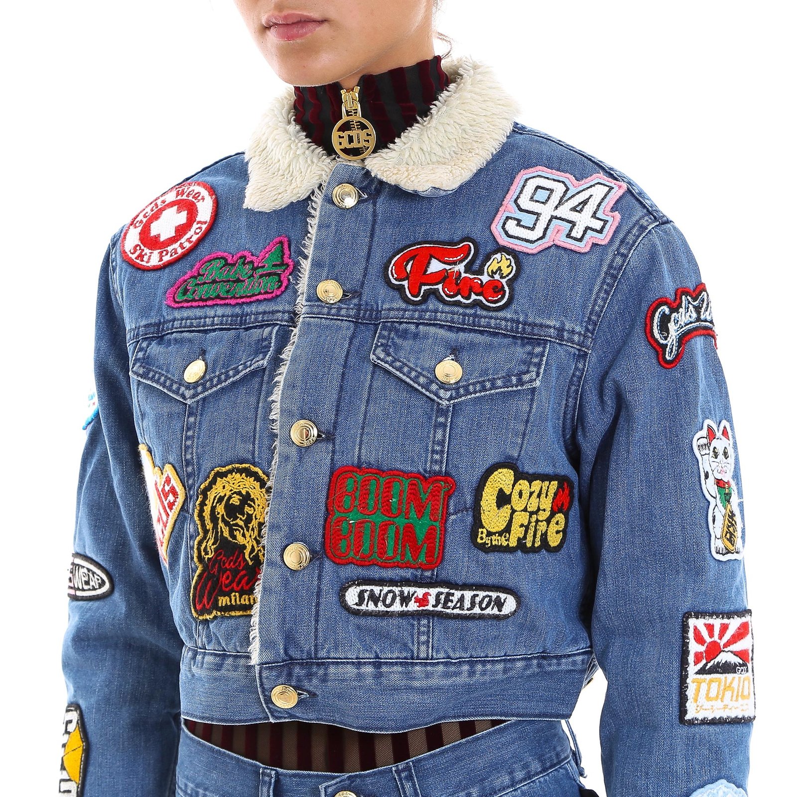 GCDS Patch Embellished Shearling Denim Jacket