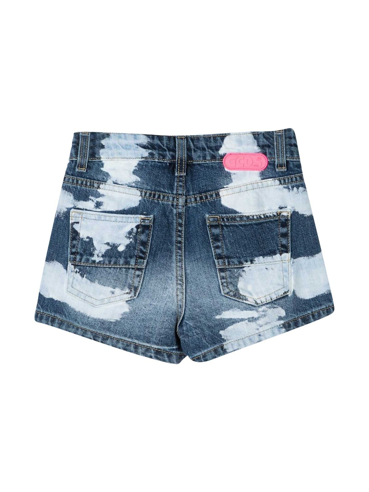 GCDS キッズ ロゴ プリント 漂白効果 デニム ショーツ