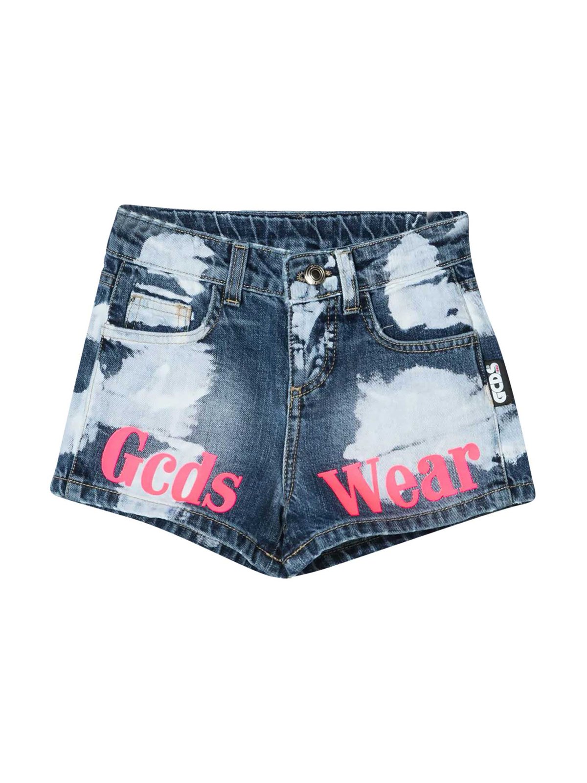 GCDS キッズ ロゴ プリント 漂白効果 デニム ショーツ